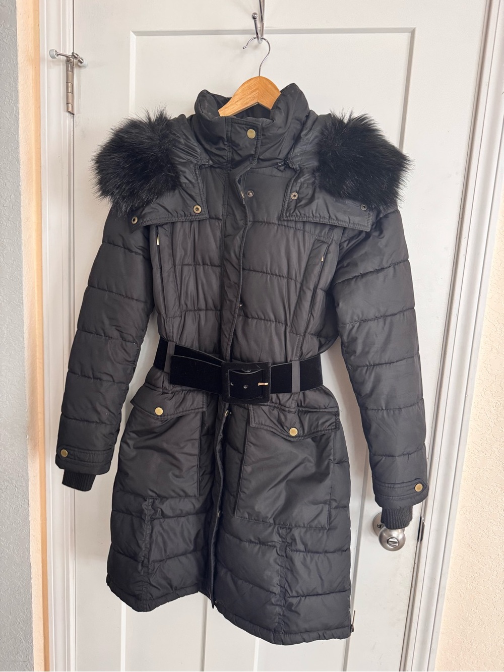 French Connection Coat, BCBG Belt with Faux Fur Trim